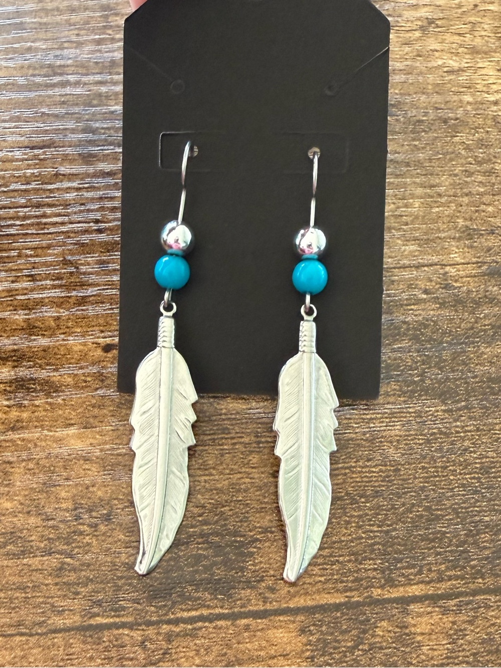 Silver Feather Drop Earrings with Turquoise Bead - Women Jewelry